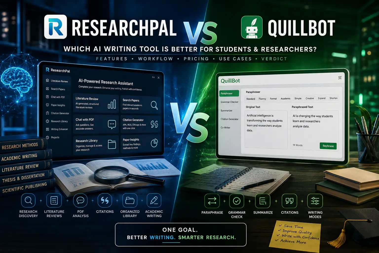 Side-by-side comparison of ResearchPal and QuillBot highlighting AI writing, paraphrasing, literature review, academic paper search, PDF chat, citation management, and research workflow features.