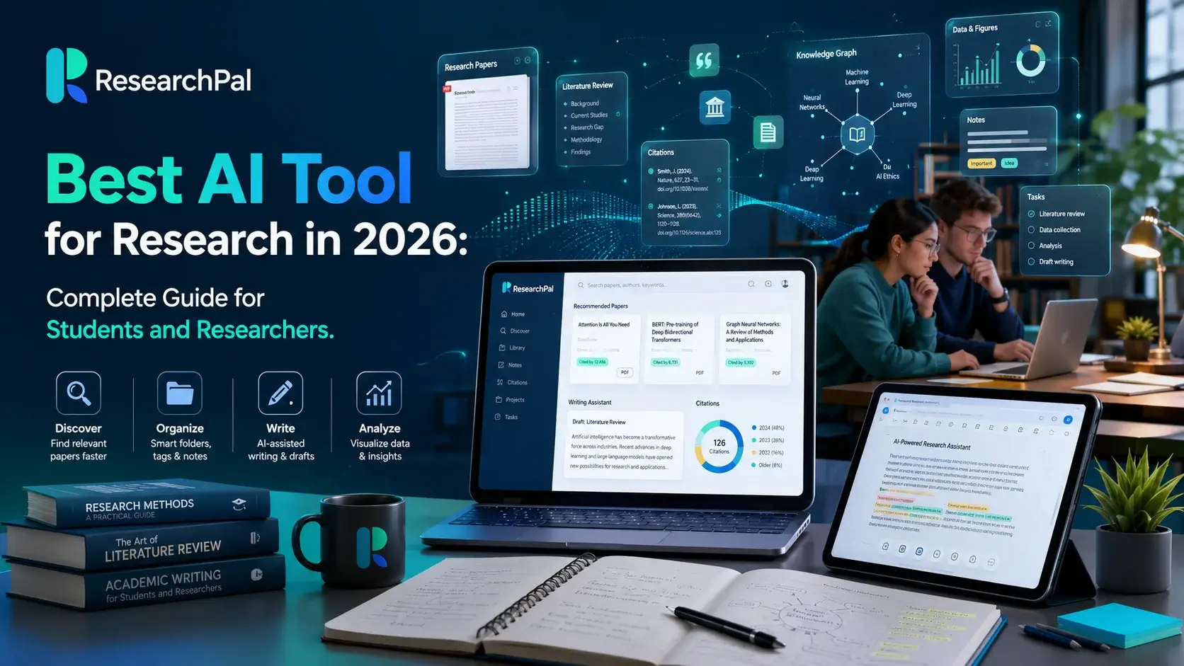 Best AI tool for research in 2026 showing students and researchers organizing papers, citations, notes, and academic writing with ResearchPal