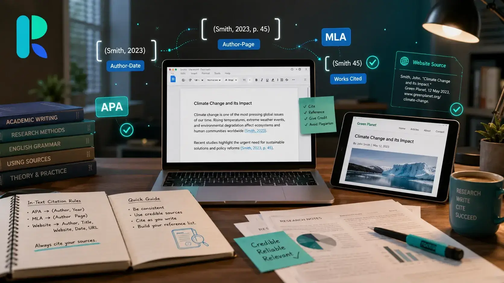 Realistic academic desk with APA, MLA, and website citation elements for an in-text citations guide.