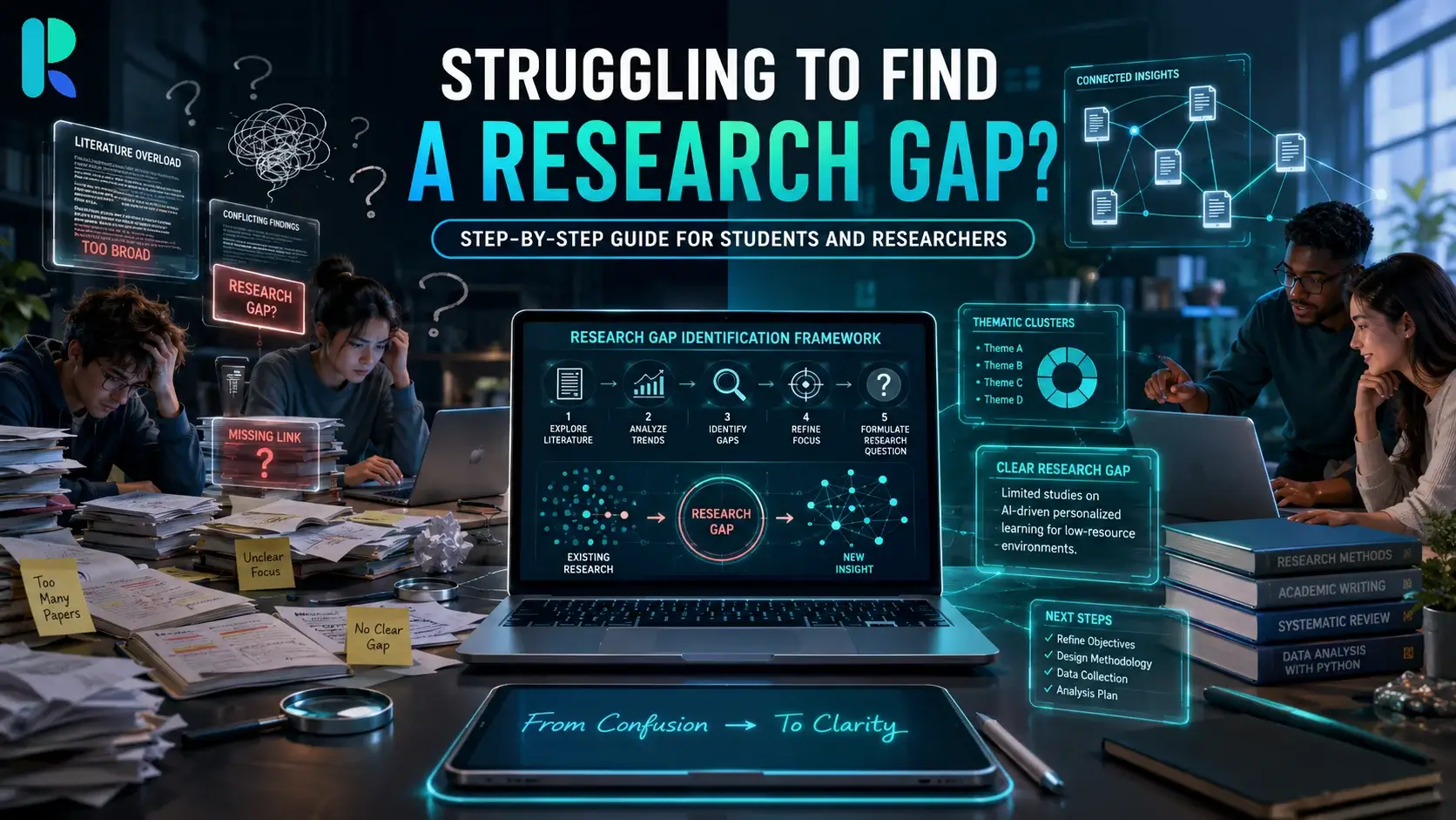 Student and researcher identifying a research gap through literature review, academic papers, citation analysis, and research planning for a thesis or dissertation.