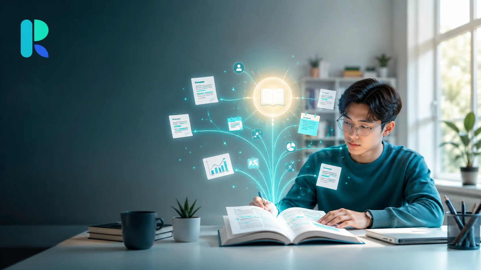 Student reading an open book as highlighted notes and supporting details connect to one glowing central idea above the page.