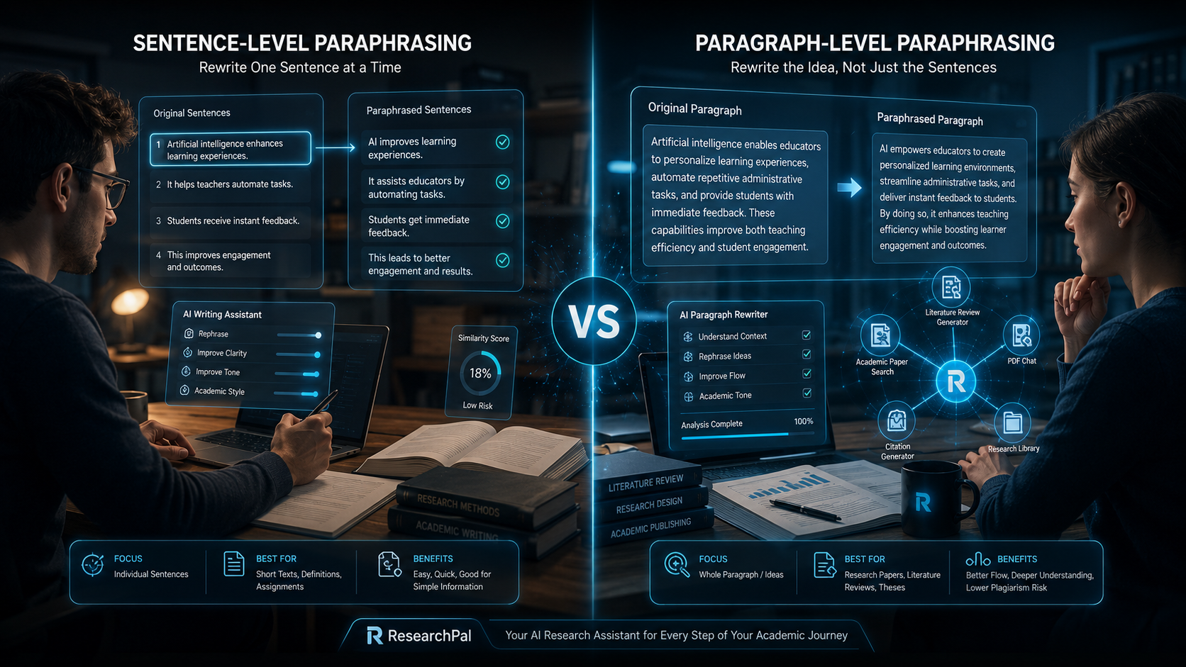 Split-screen comparison of sentence-level and paragraph-level paraphrasing using AI-powered academic writing tools for students and researchers.
