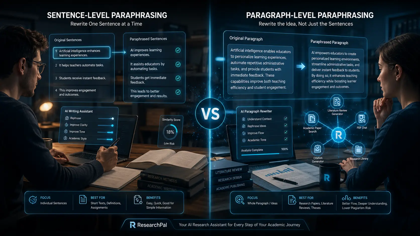 Split-screen comparison of sentence-level and paragraph-level paraphrasing using AI-powered academic writing tools for students and researchers.