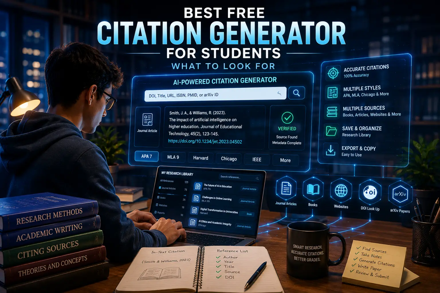 Student using an AI-powered citation generator to create APA, MLA, Harvard, Chicago, and IEEE references in a futuristic academic workspace.
