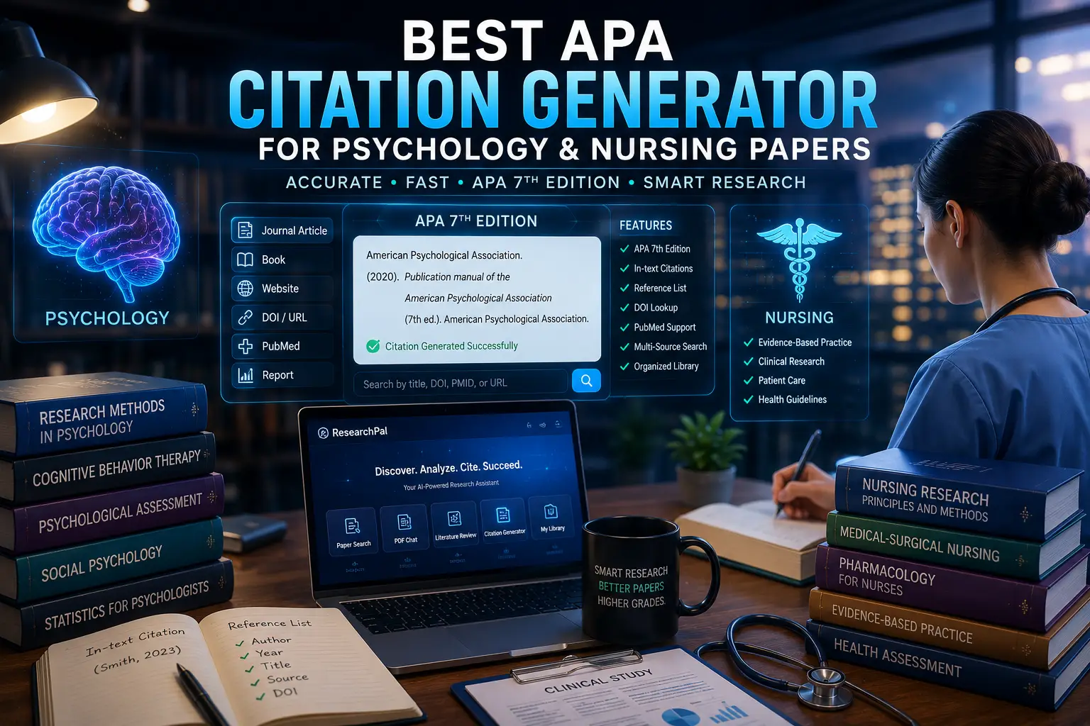 Psychology and nursing students using an AI-powered APA citation generator with journal articles, PubMed records, and verified academic references.
