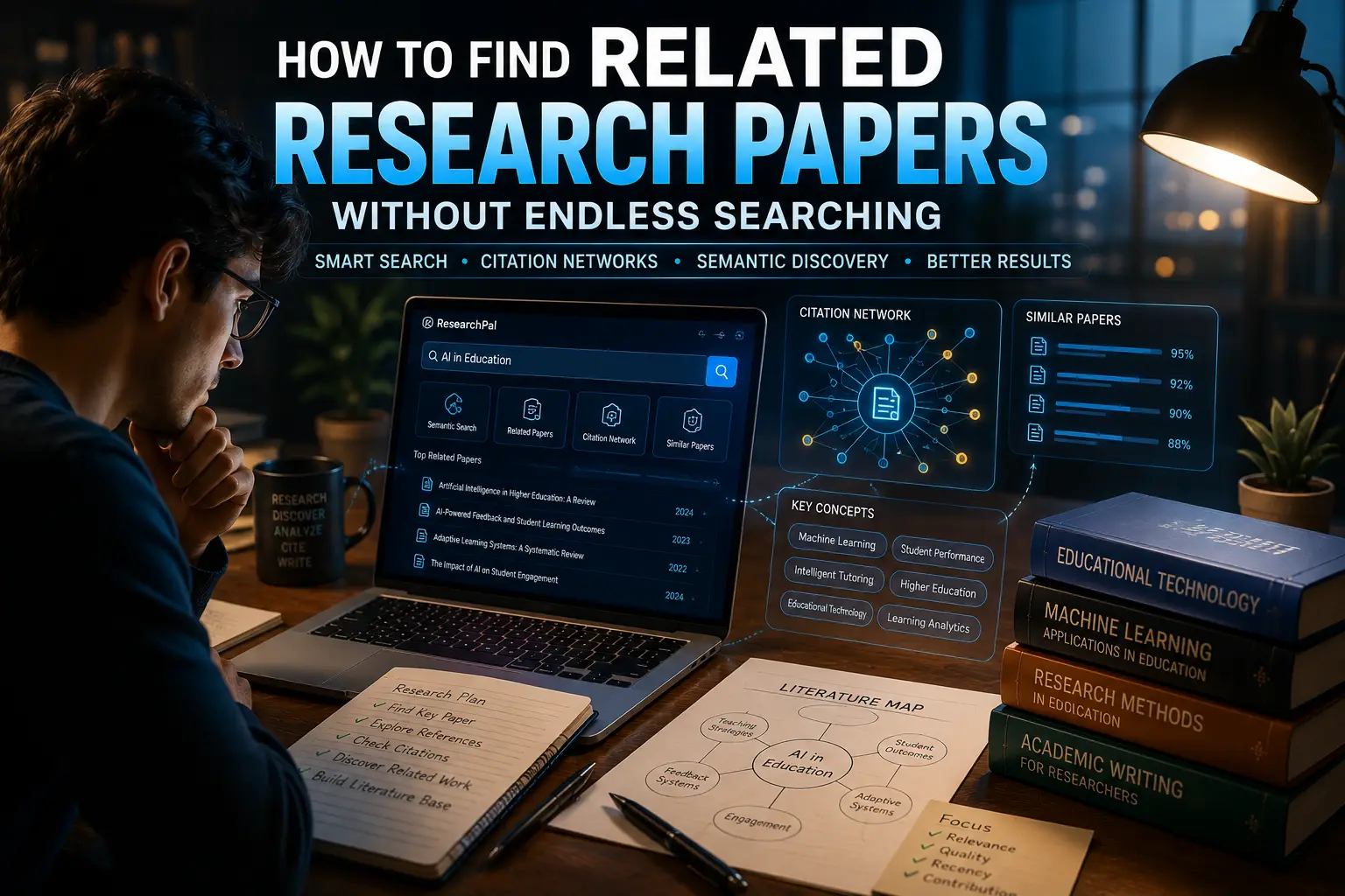 Researcher using AI-powered tools to find related research papers through semantic search, citation networks, similarity graphs, and academic literature discovery with ResearchPal.