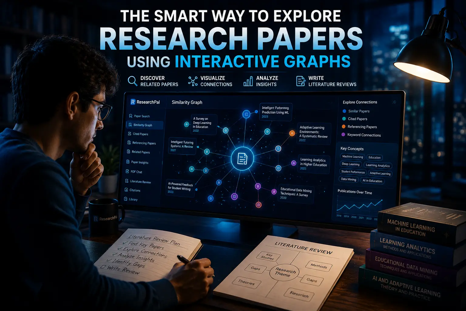Researcher exploring related research papers through an interactive AI-powered similarity graph with citation networks, semantic connections, and academic literature discovery using ResearchPal.