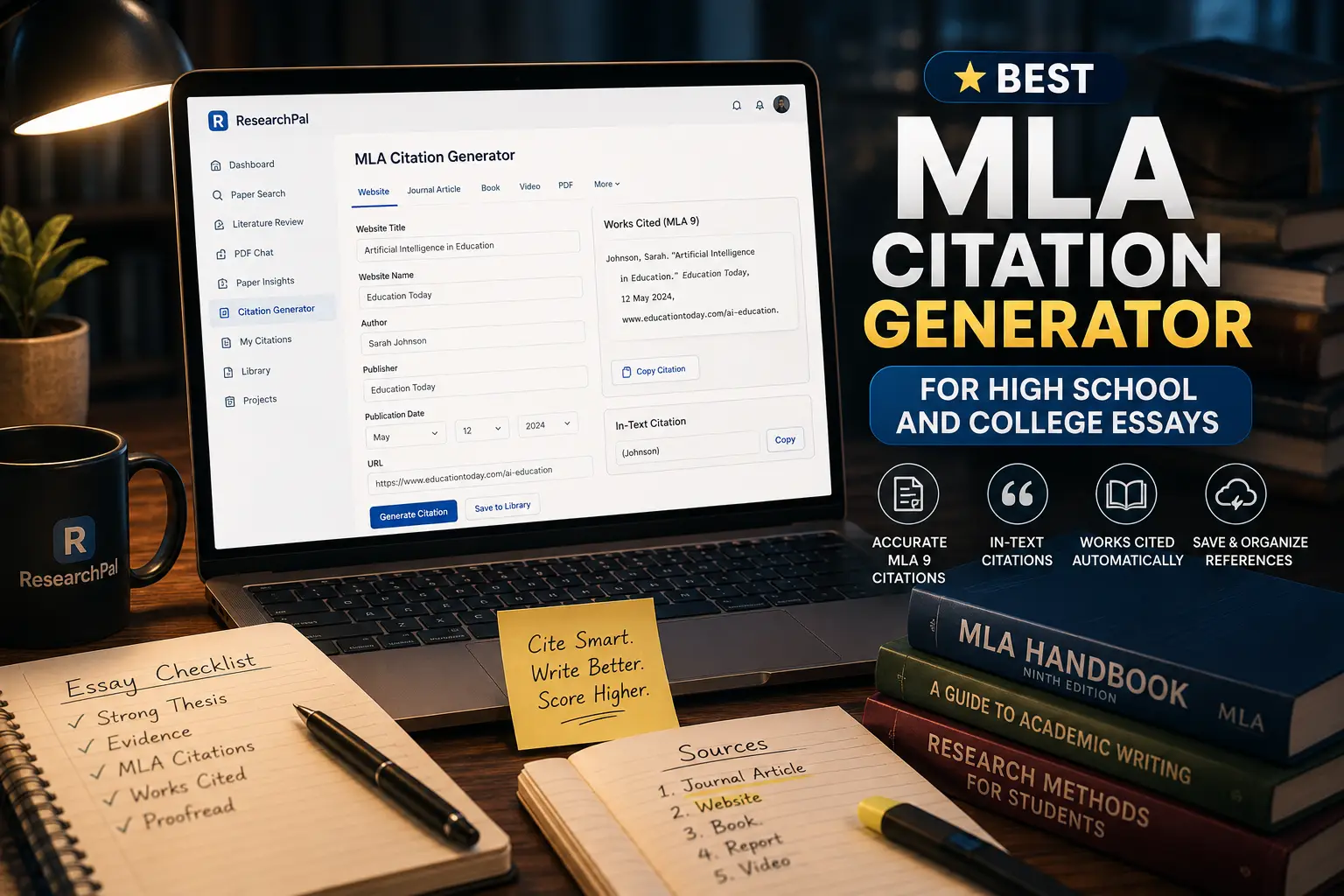 Best MLA citation generator for high school and college essays showing ResearchPal creating accurate MLA 9 citations, in-text citations, and Works Cited pages for academic writing.
