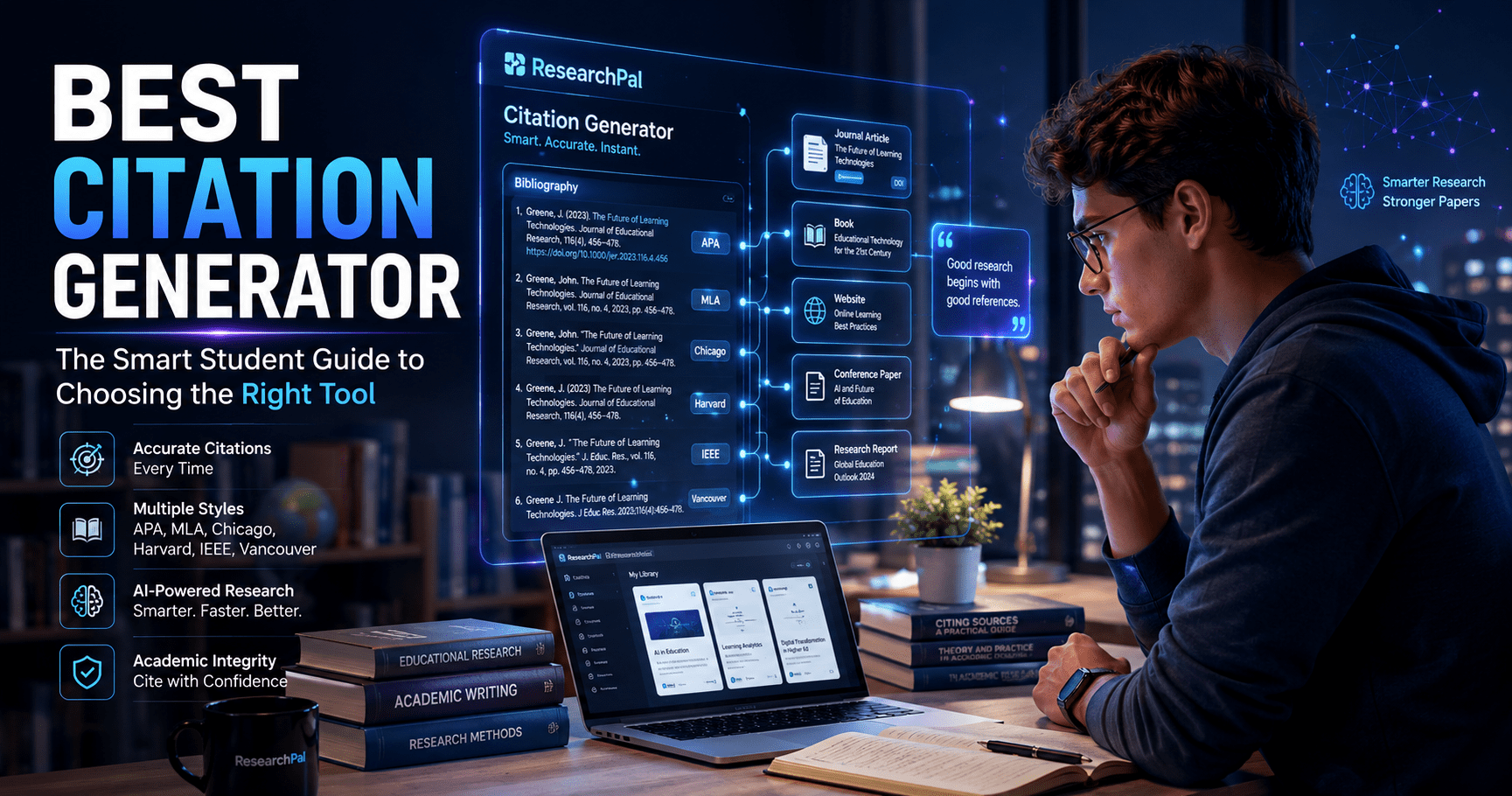 Student using ResearchPal's AI citation generator to create APA, MLA, Chicago, Harvard, IEEE, and Vancouver citations from academic sources in a futuristic research workspace.