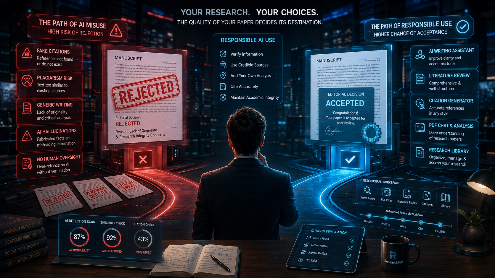 Researcher comparing rejected AI-generated research papers with responsibly AI-assisted academic writing in a futuristic journal review environment.