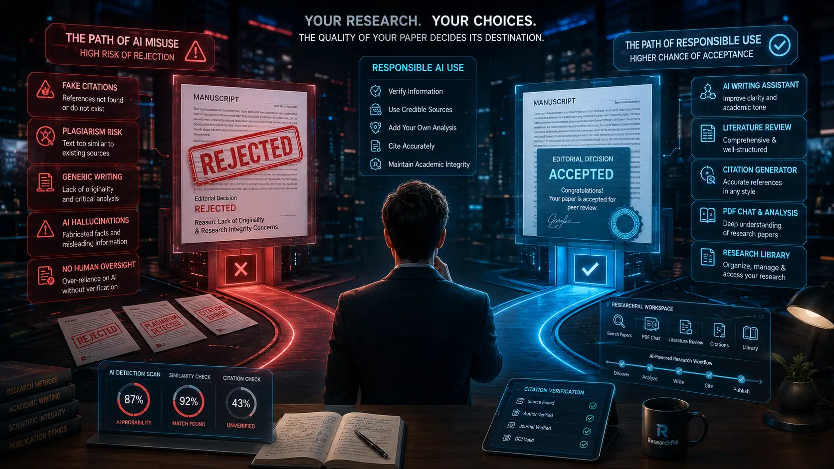 Researcher comparing rejected AI-generated research papers with responsibly AI-assisted academic writing in a futuristic journal review environment.