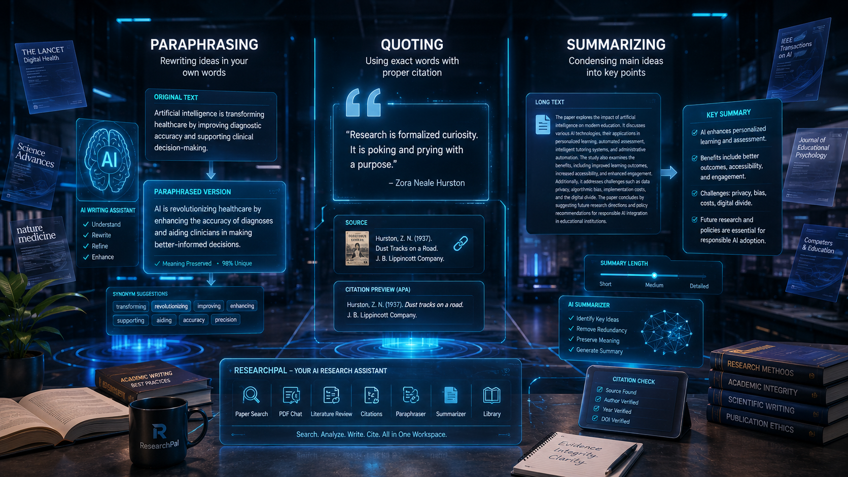 Comparison of paraphrasing, quoting, and summarizing techniques for academic writing using AI-assisted research tools.