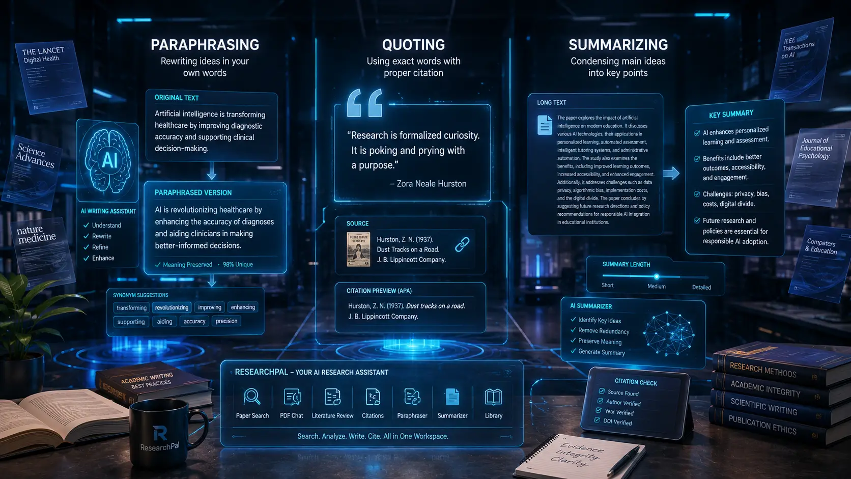 Comparison of paraphrasing, quoting, and summarizing techniques for academic writing using AI-assisted research tools.