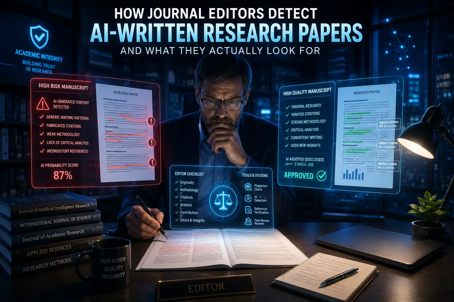 Journal editor reviewing AI-assisted research papers with citation verification, peer-review dashboards, and ethical AI writing indicators.