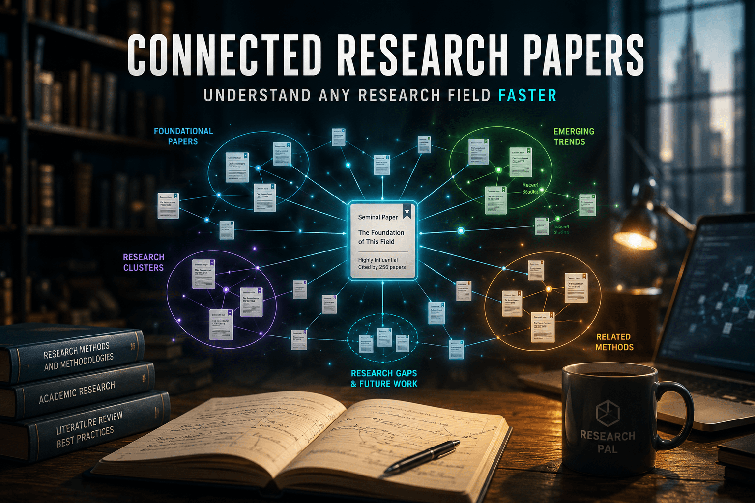 Connected research papers visualized in an interactive literature graph showing foundational studies, research clusters, emerging trends, related methods, and research gaps.