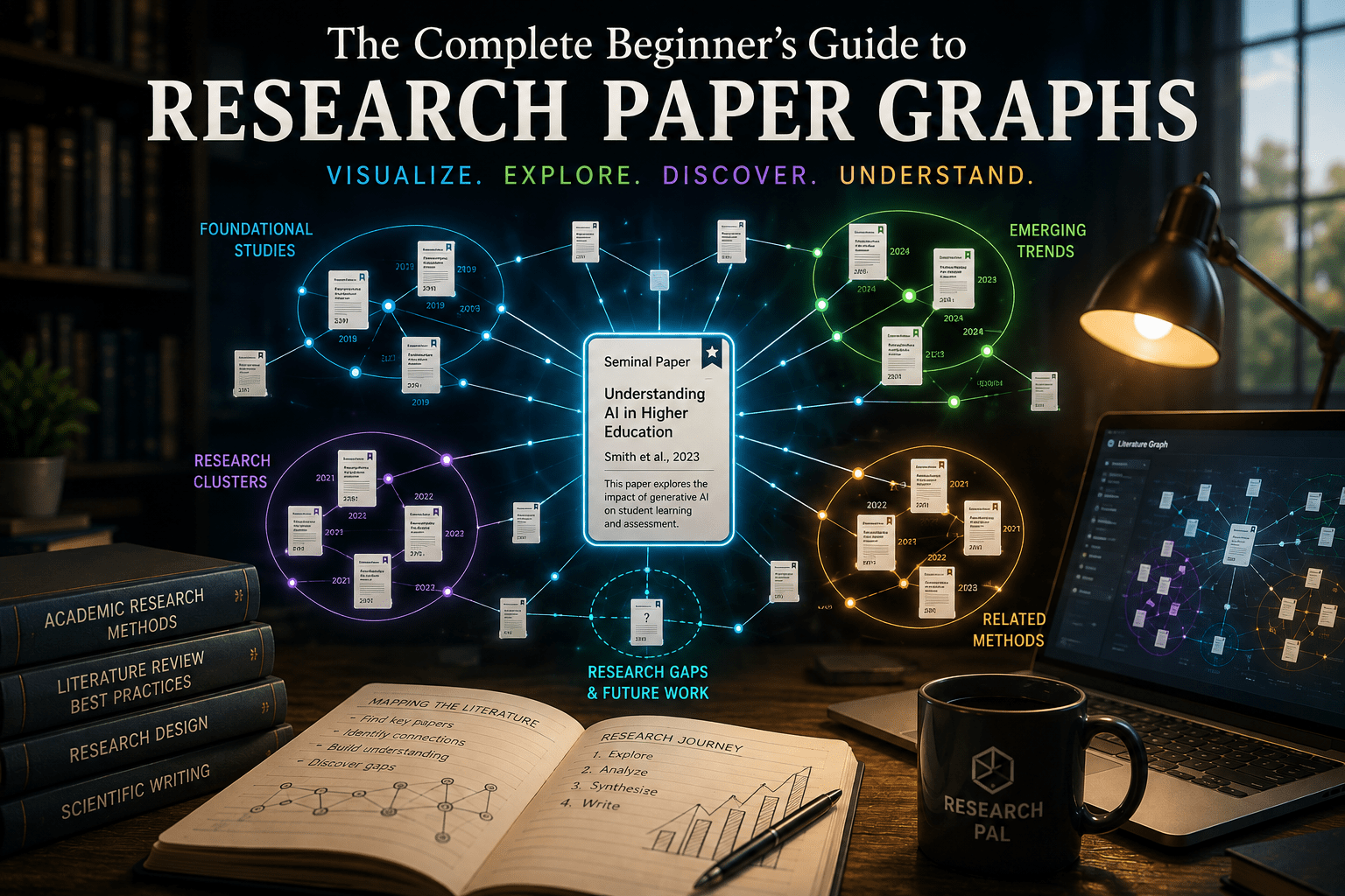 Research paper graph showing a seminal study connected to foundational research, emerging trends, research clusters, related methods, and potential research gaps.