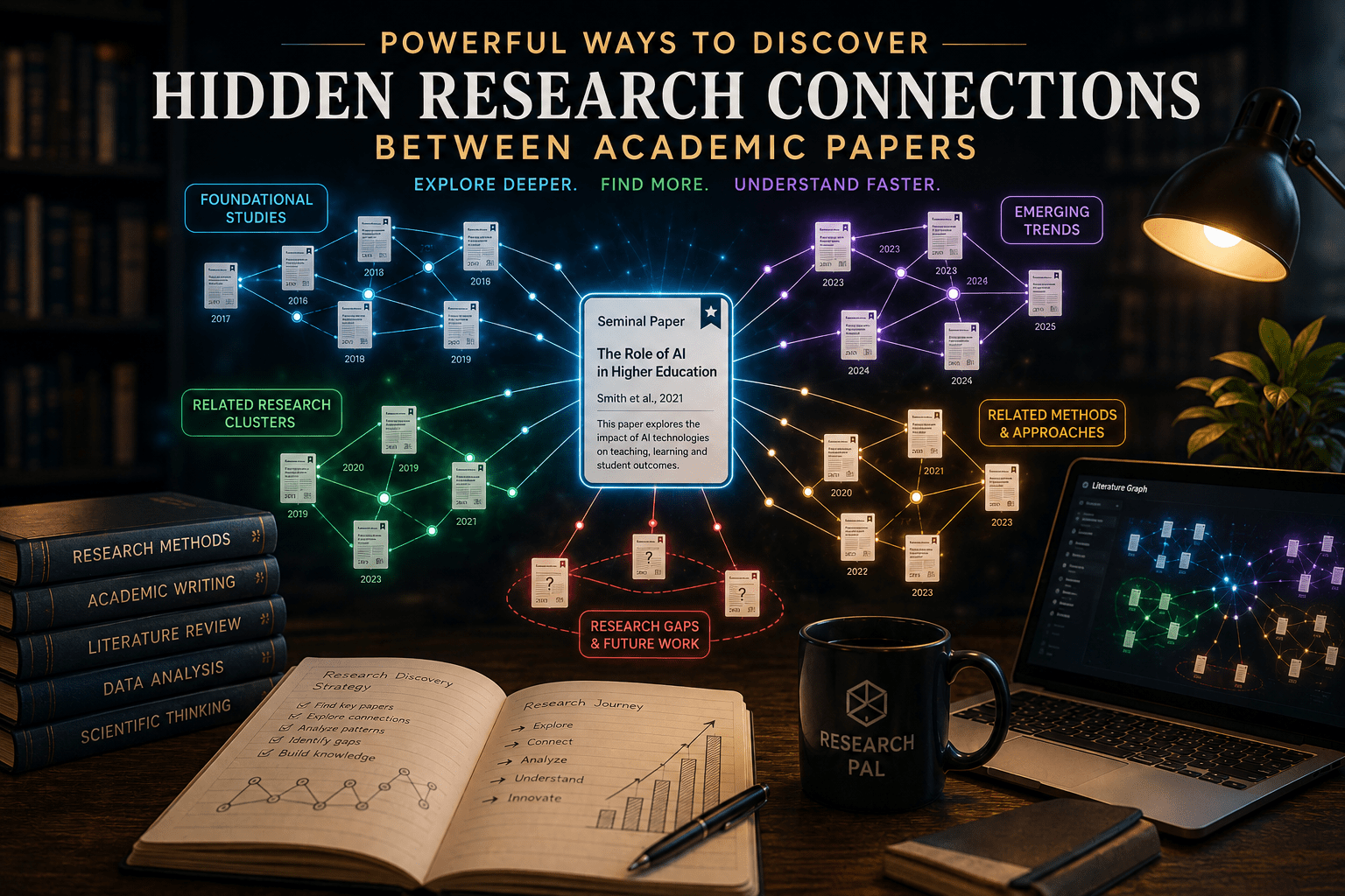 Academic research network visualizing hidden connections between papers, foundational studies, related research clusters, emerging trends, research methods, and research gaps.