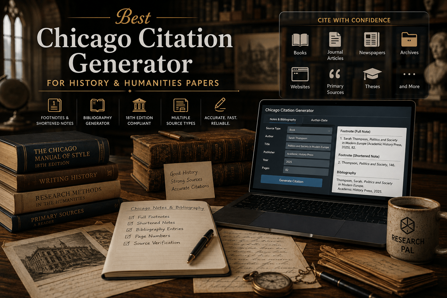 Chicago citation generator for history and humanities papers showing footnotes, shortened notes, bibliography entries, and multiple academic source types.