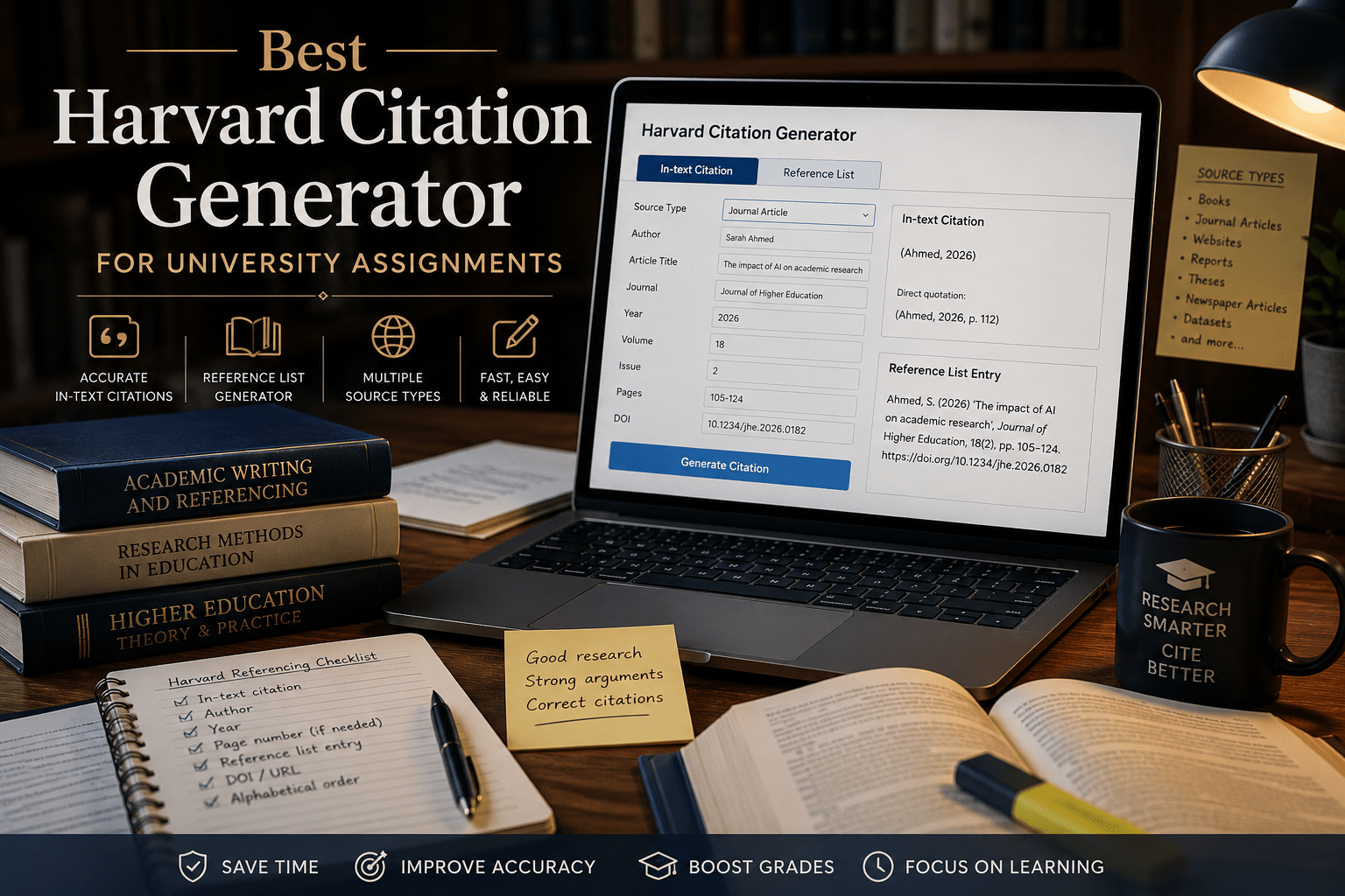 Harvard citation generator for university assignments showing in-text citations, reference list entries, and multiple academic source types.