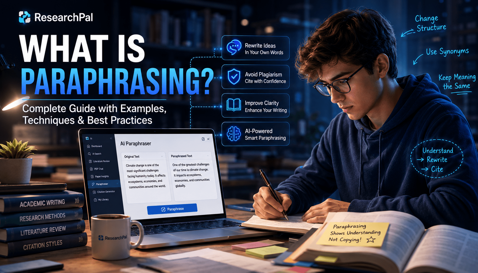 What is paraphrasing? Student using ResearchPal AI paraphrasing tool to rewrite academic content with examples, techniques, and best practices for plagiarism-free writing.