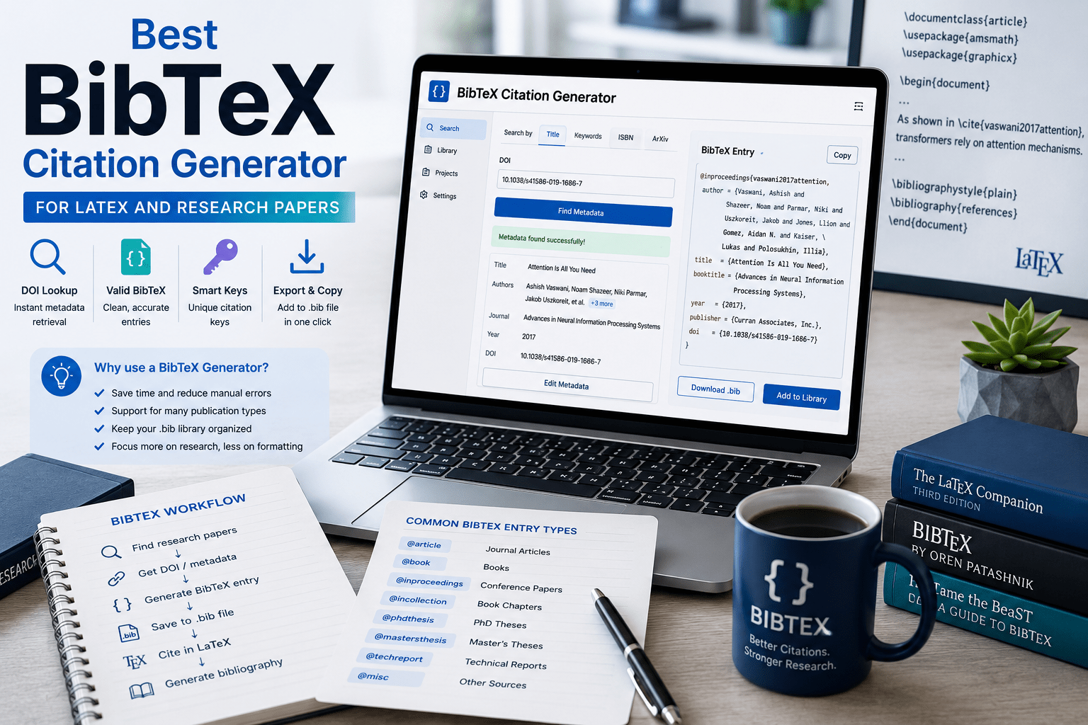 BibTeX citation generator for LaTeX research papers showing DOI lookup, BibTeX entries, citation keys, and bibliography export.