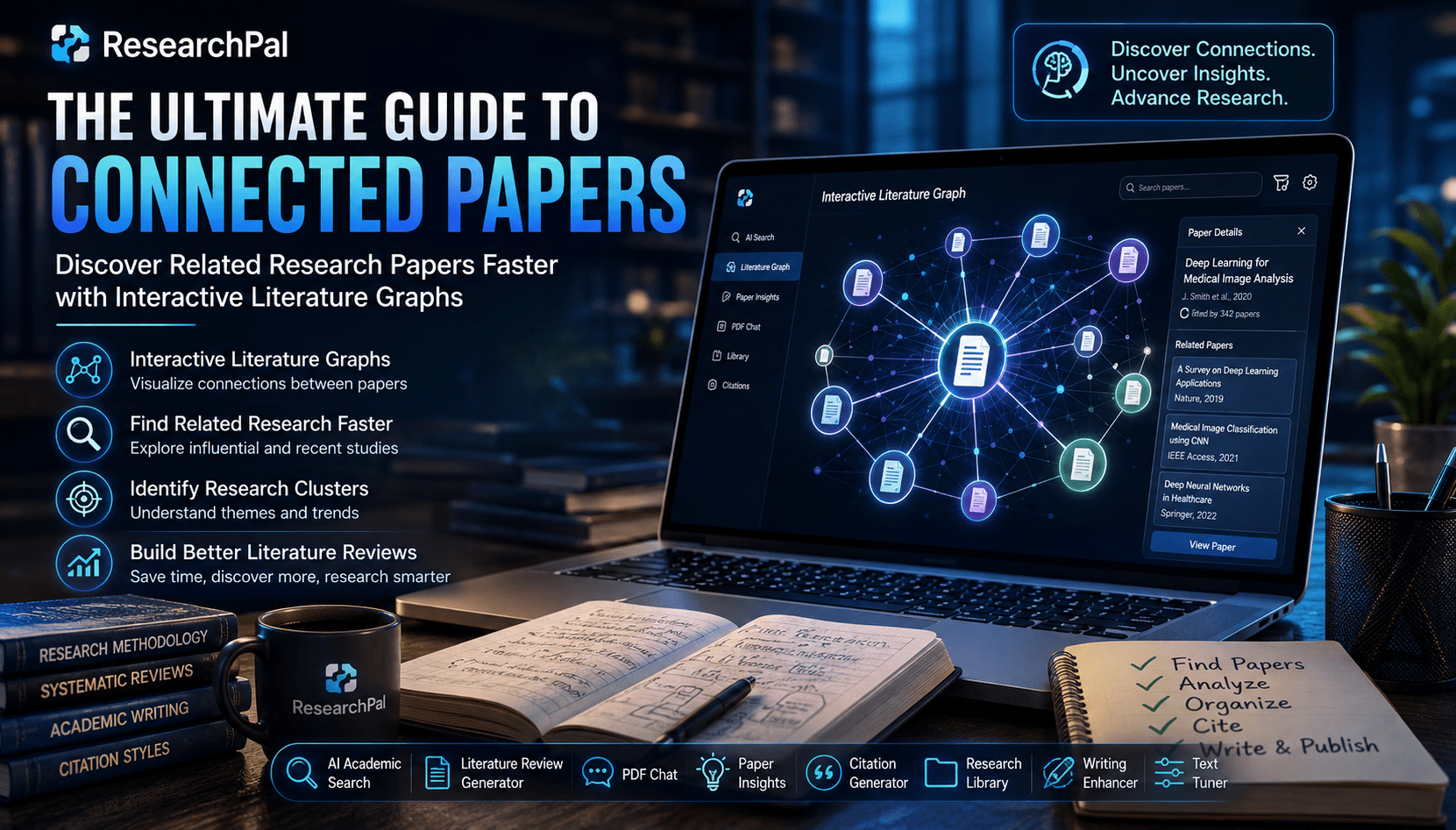 Connected Papers interactive literature graph displayed in ResearchPal, helping researchers discover related research papers, citation networks, and academic connections using AI-powered research tools.