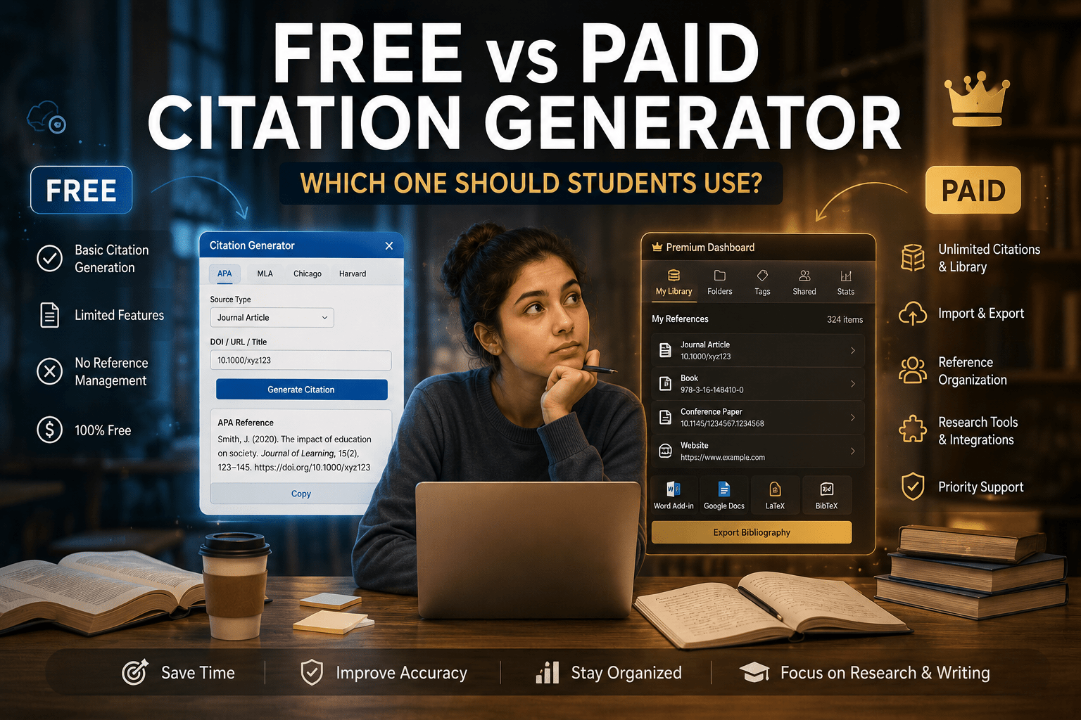 Free vs paid citation generator comparison for students showing citation features, reference management, research tools, and academic writing benefits.
