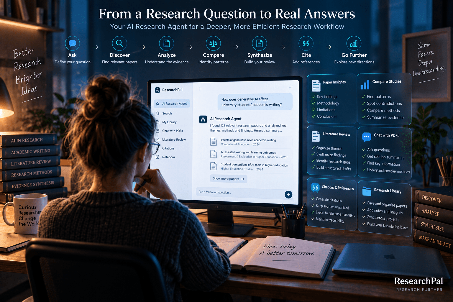 Researcher using the ResearchPal AI Research Agent to discover academic papers, analyze evidence, compare studies, and build a literature review.