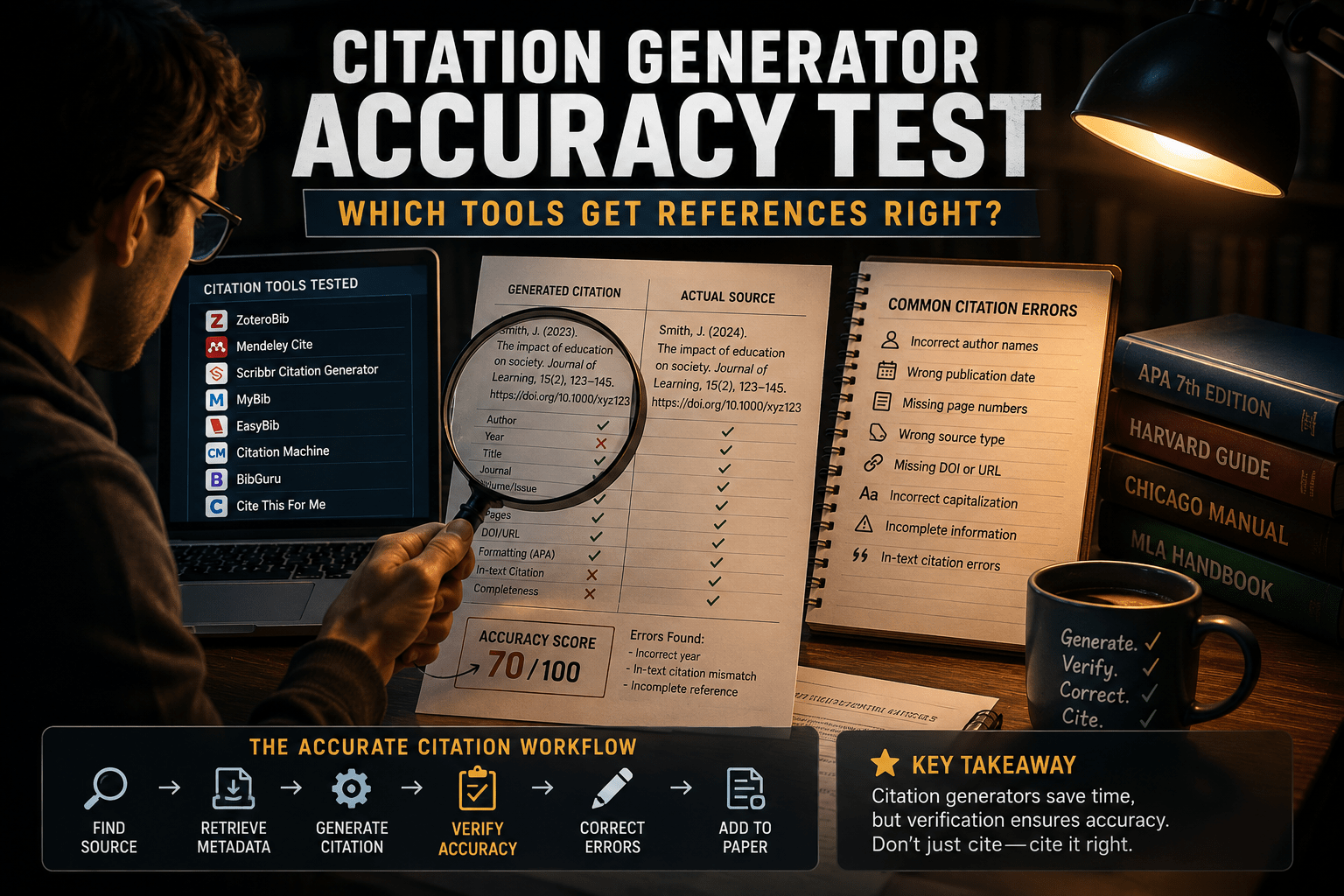 Citation generator accuracy test comparing generated references with original source metadata, citation formatting, DOI details, and common citation errors.