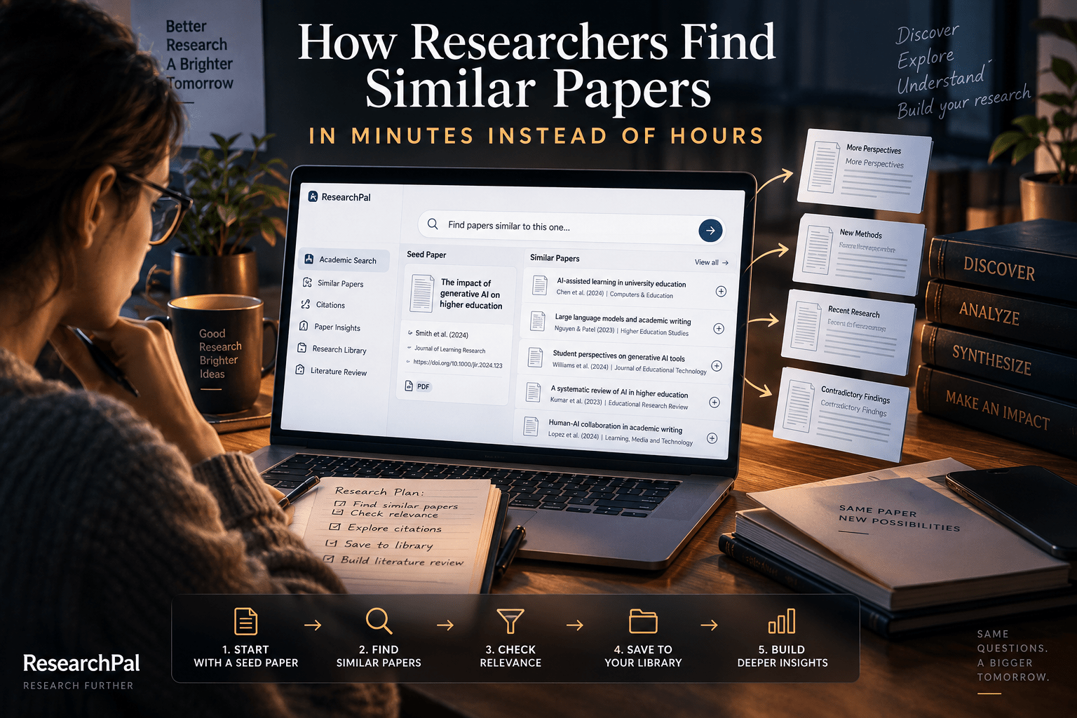 Researcher using ResearchPal to find similar research papers with a seed paper, academic search, citations, and related-paper discovery.