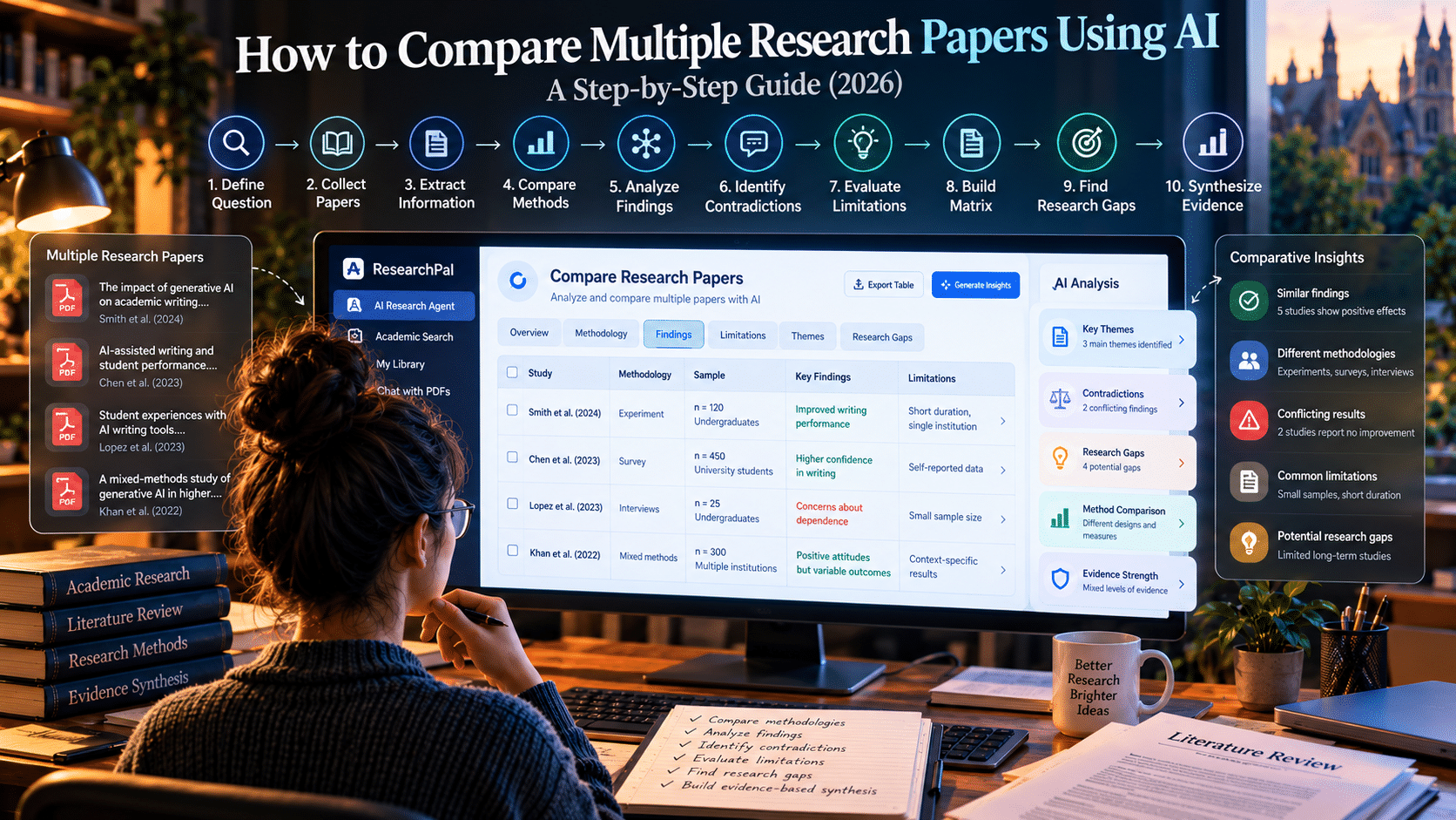 Researcher using AI to compare multiple research papers, analyze methodologies, evaluate findings, identify contradictions, and discover research gaps.