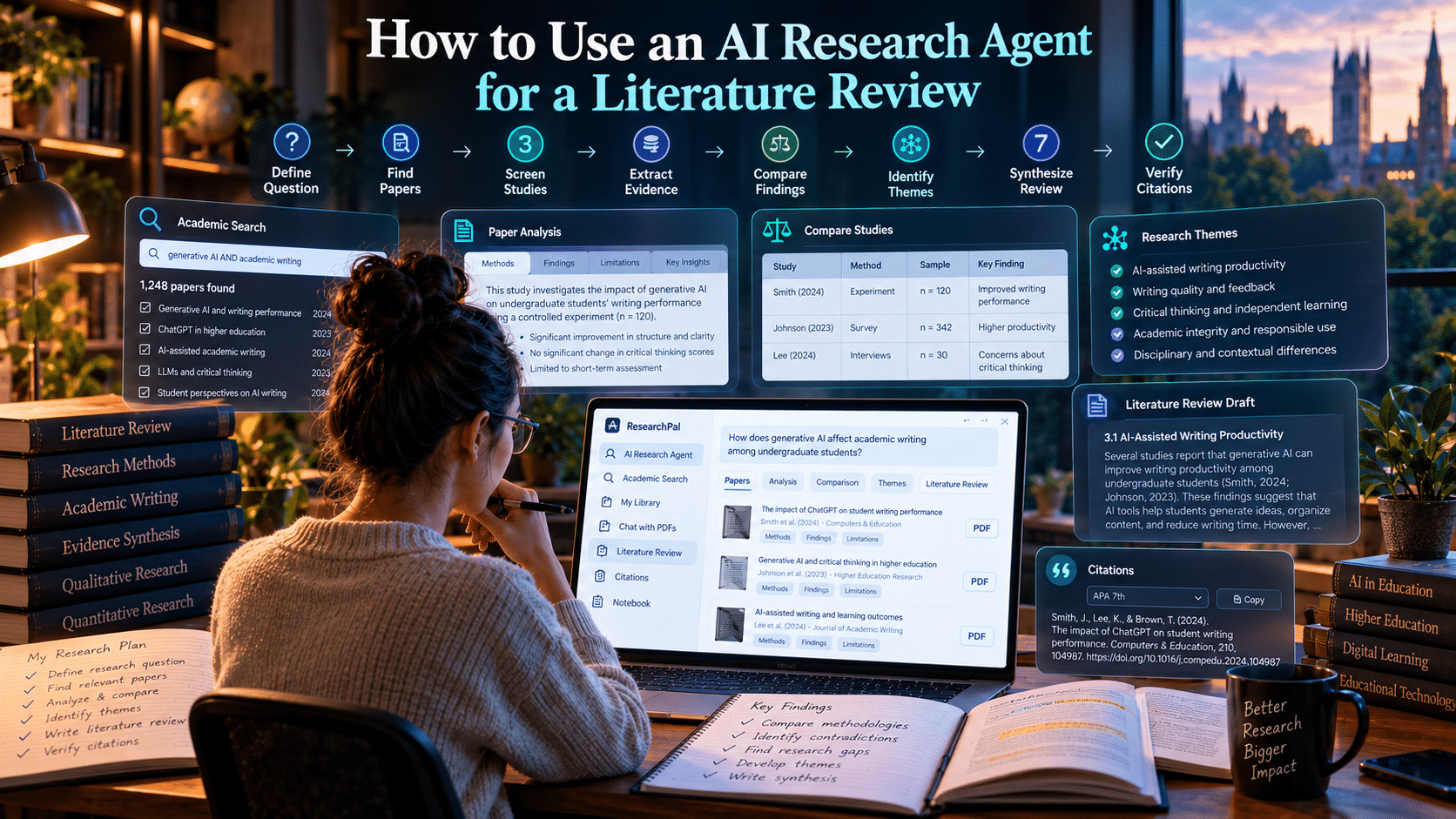 Researcher using ResearchPal AI Research Agent to discover academic papers, analyze studies, compare findings, synthesize literature, and verify citations.