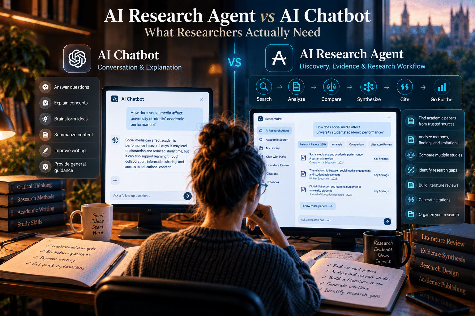 Researcher comparing an AI research agent with an AI chatbot for academic paper discovery, evidence analysis, literature reviews, and research workflows.
