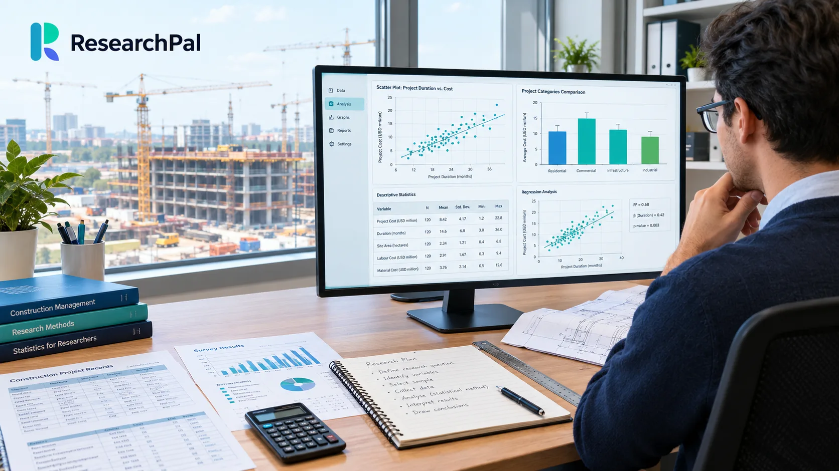 Researcher analyzing construction project data with statistical charts and a numerical summary dashboard.
