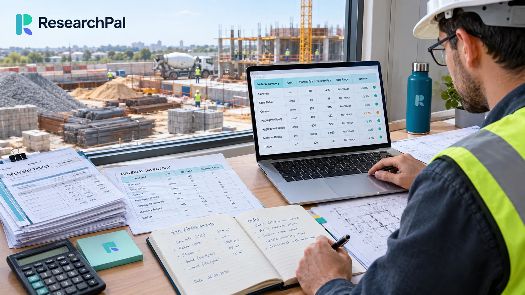 Construction researcher comparing material delivery records, measured quantities, and usage data on a laptop.
